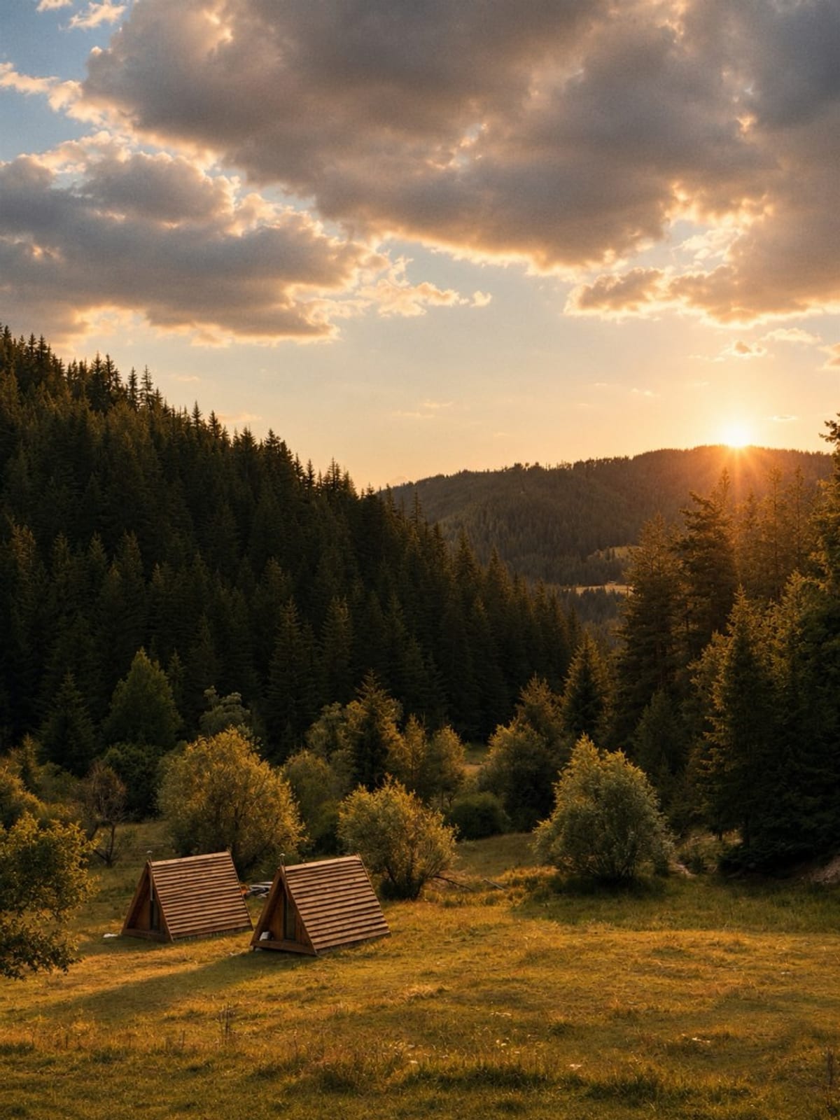 A-frame къщички в The Valley при залез, Родопите