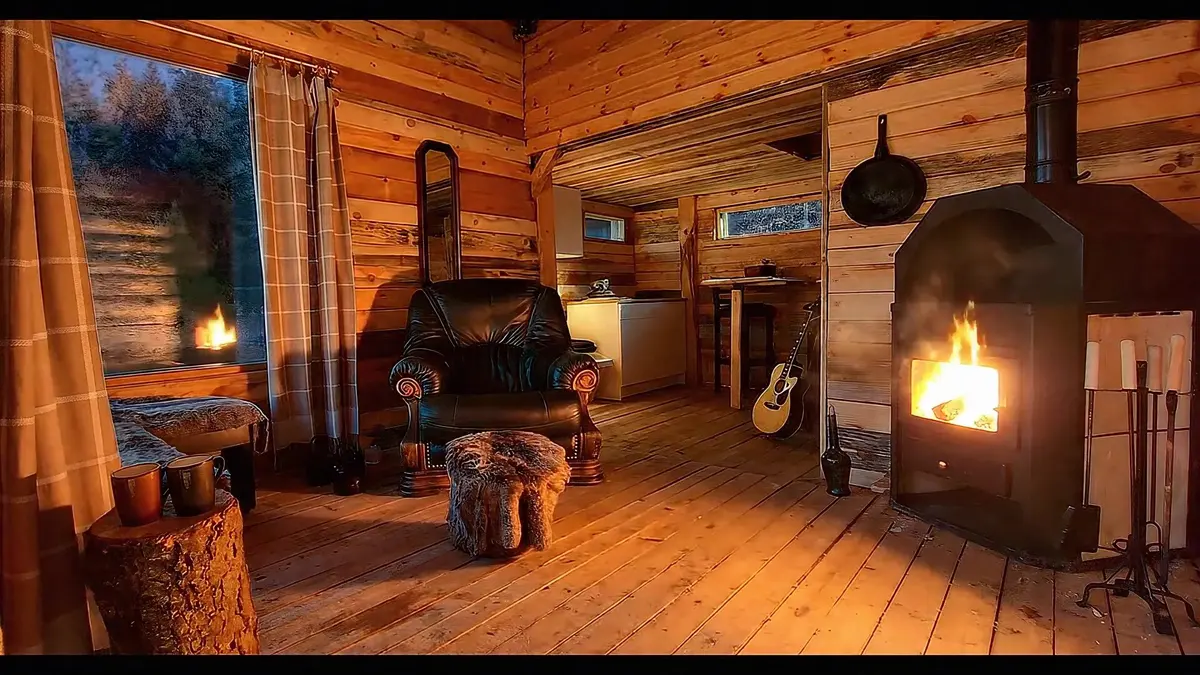 Интериорът на The Cabin с огън на дърва.