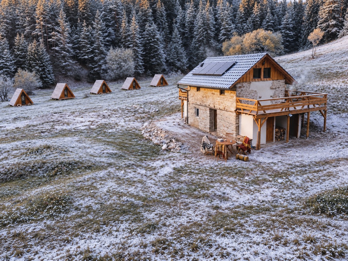 Stone house and A-frame winter cabins under frosted Rhodope forest
