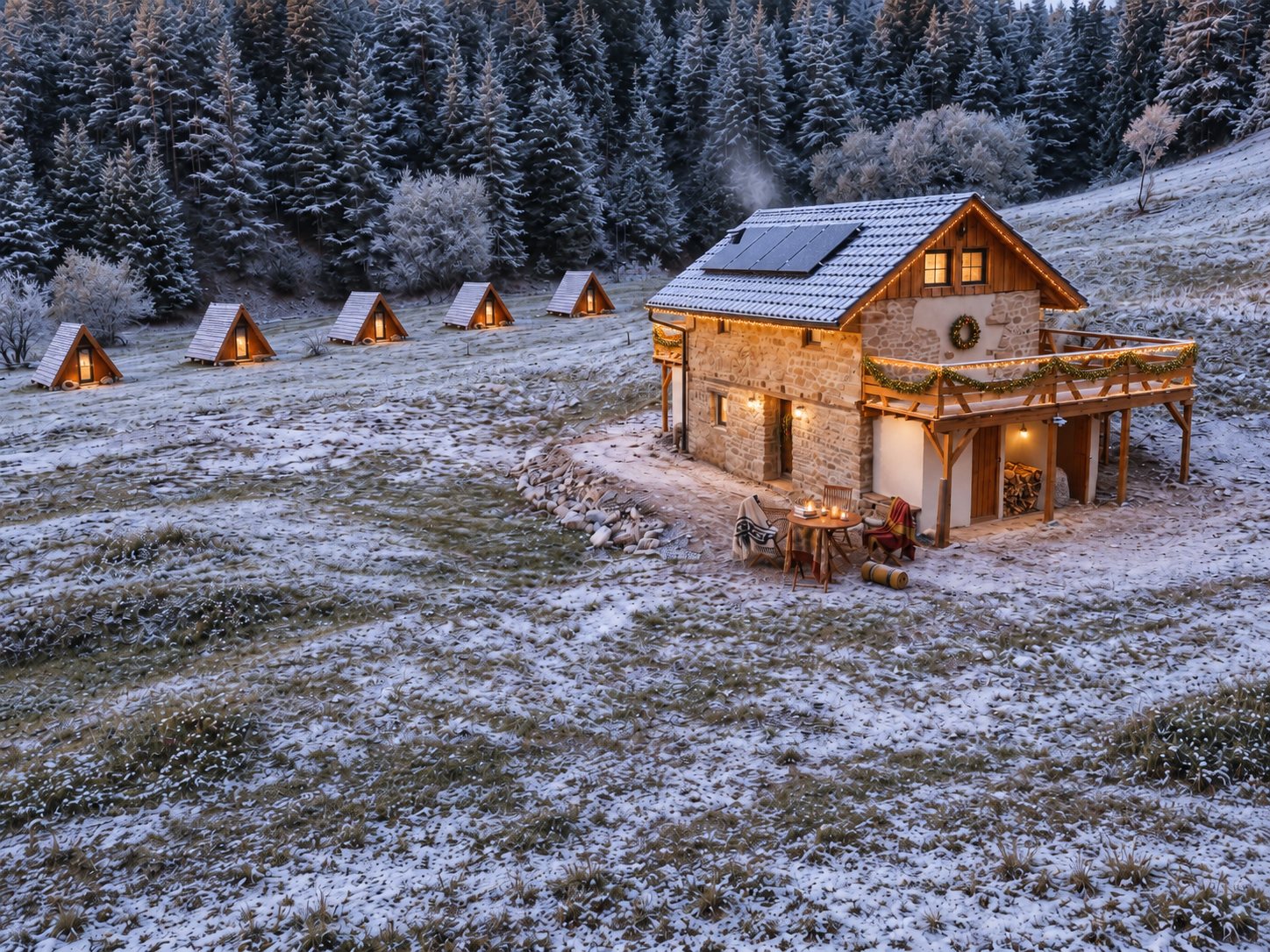 Stone house and glowing A-frame cabins at dusk in winter at The Valley