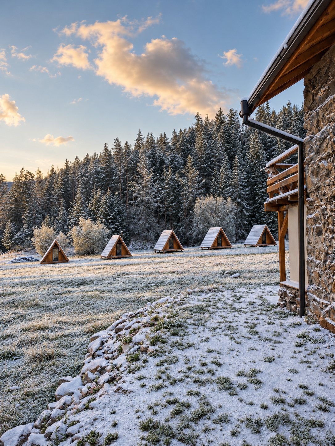 Frosted A-frame winter cabins at The Valley in the Rhodope Mountains
