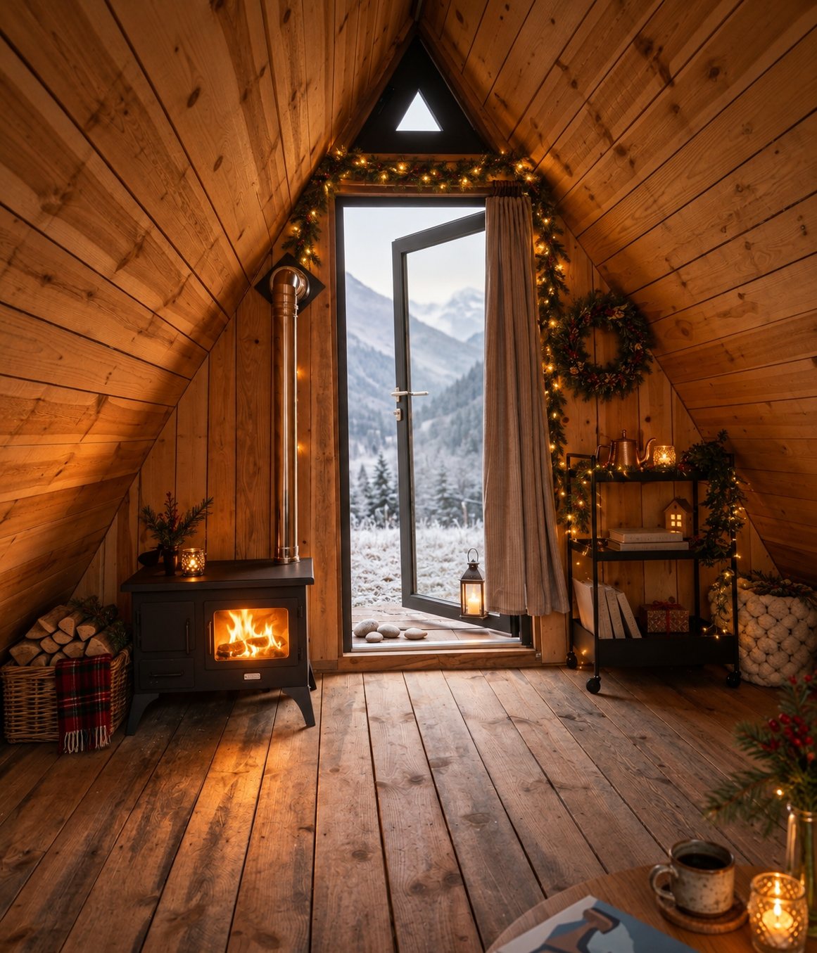 Wood stove fire inside a winter cabin with mountain snow beyond the door