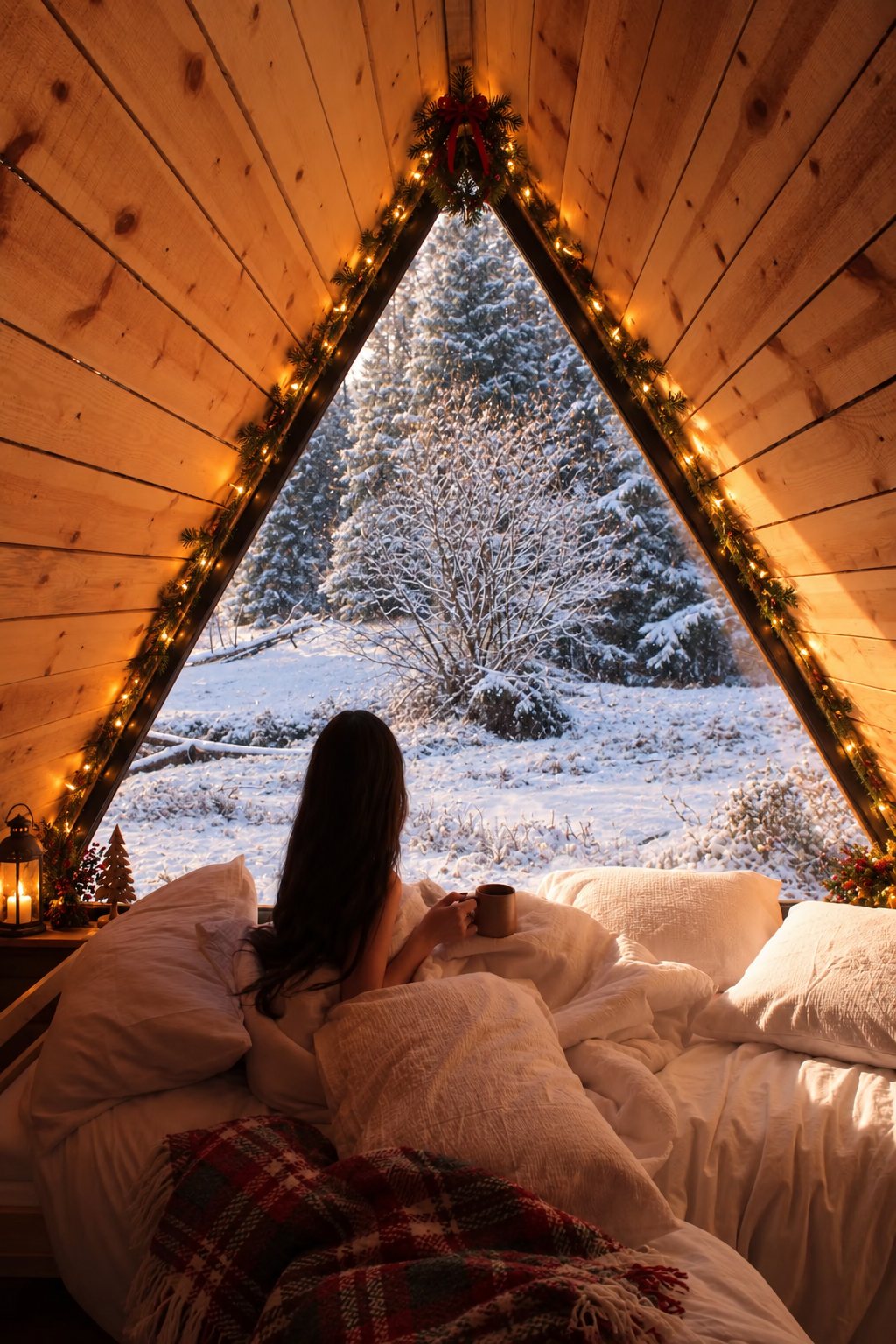 Quiet morning in a winter cabin looking out over snowy Rhodope forest