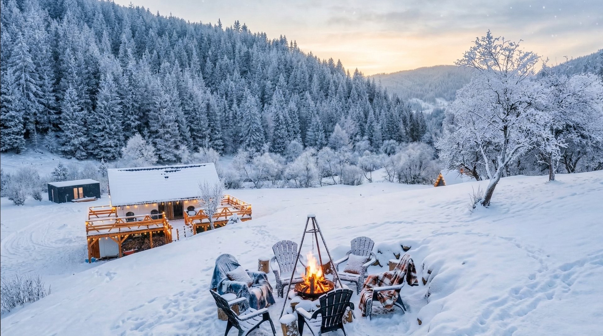 Fire pit and snowy cabins at sunset in a Rhodope winter village