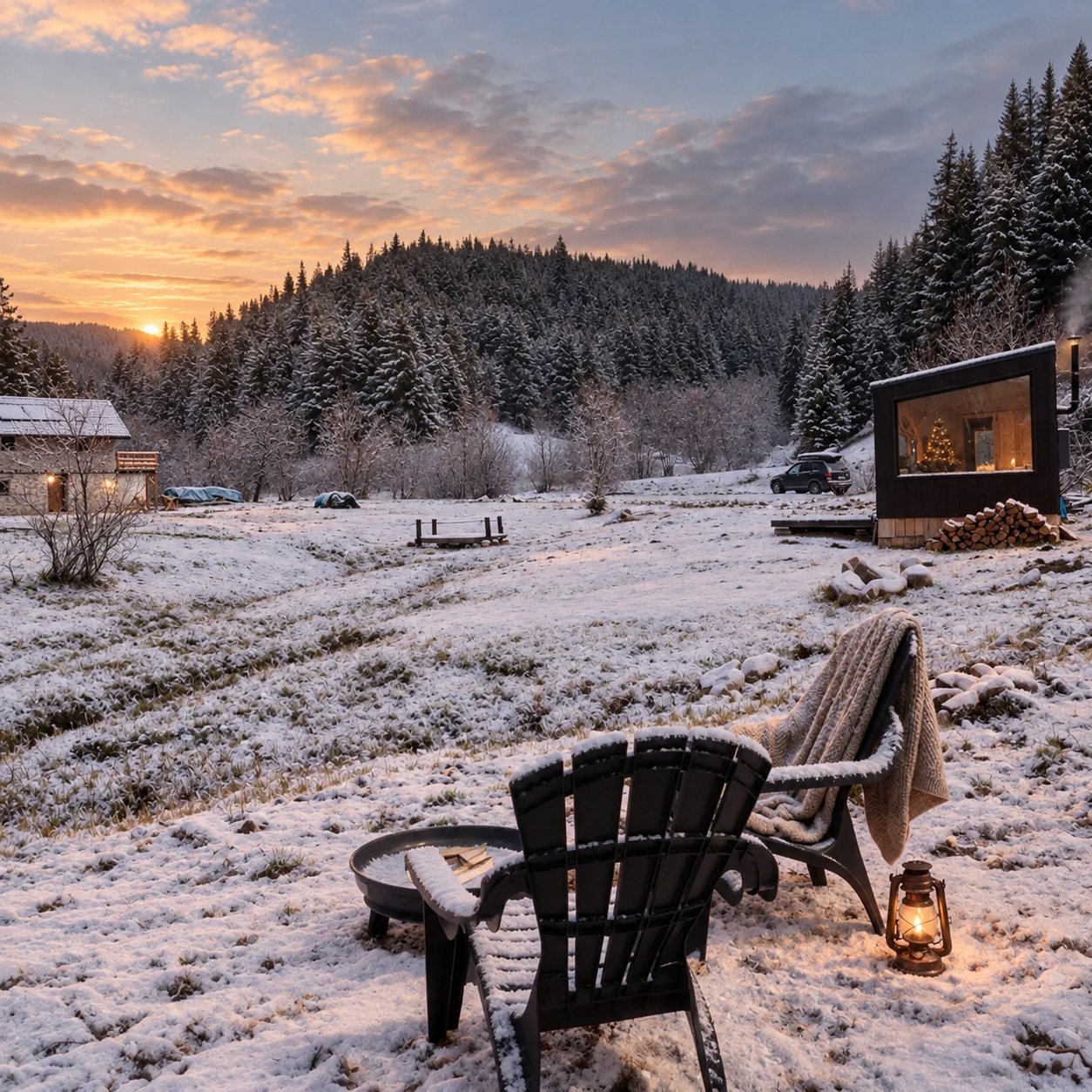 Winter sunset at The Valley with cabin lights, lanterns and Christmas warmth